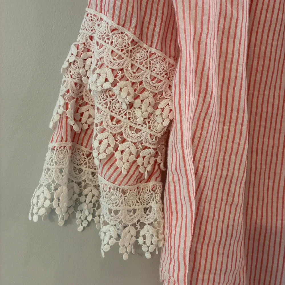 Saks Fifth Ave Top S Stripe Linen Off Shoulder Lace Boho Romantic Italy Cottage - Picture 4 of 9